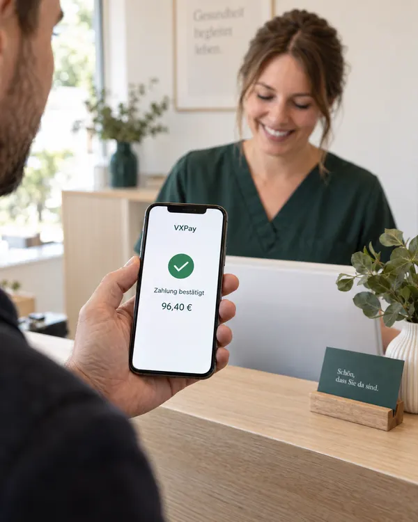 Ein Patient zeigt die bestätigte VXPay-Zahlung auf seinem Smartphone am Praxisempfang