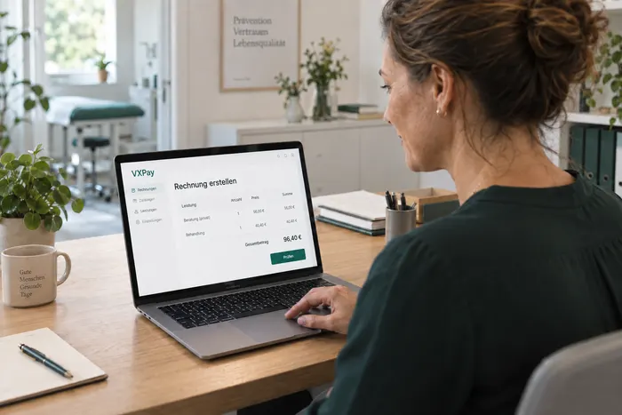 Praxismitarbeiterin erstellt am Laptop eine Rechnung mit VXPay