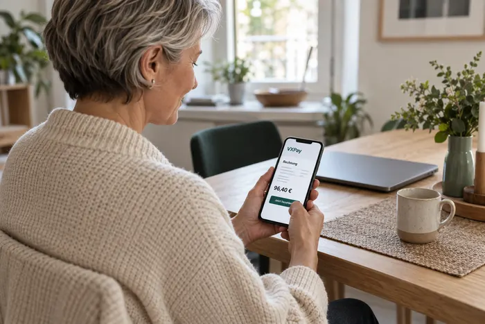 Eine Frau bezahlt ihre Praxisrechnung zu Hause per Smartphone mit VXPay